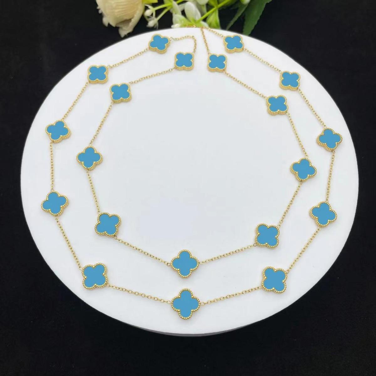 

18K Lucky Four Leaf Clover ожерелье 90 см длиной 20 цветков перламутровой цепочки свитера женское ожерелье высокого класса синий