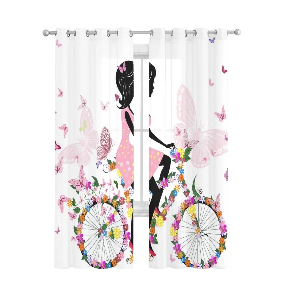 Butterfly Girl Bicycle Flower Pink White Chiffon Sheer Curtains for Living Room Bedroom Decoration Window Voiles Tulle Curtain