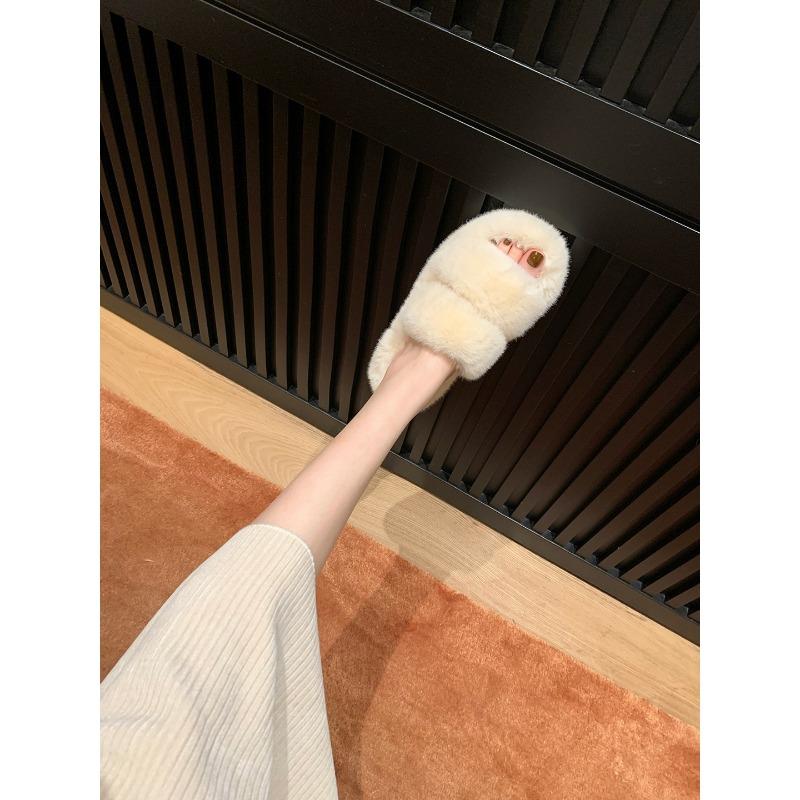 

[] Warm Sweetheart~ Winter Plush Thick Bottom One-word Belt Plush Plush Slippers Women s Outer Wear 34 белый