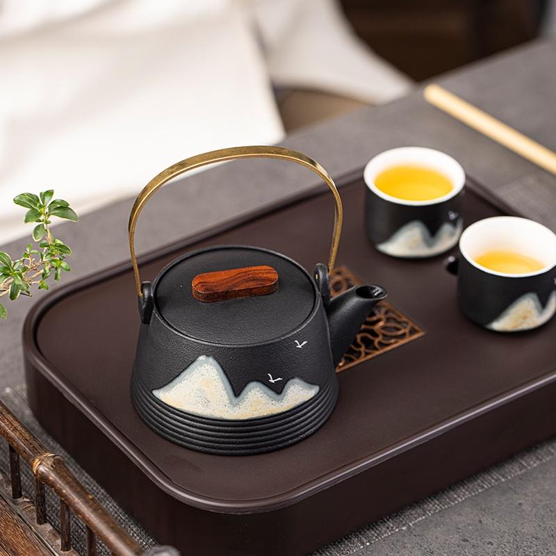 290ml Japonský styl Černá keramika Ručně malovaná konvička Keramická konvička s uchem pro zvedání Kung Fu čajový set