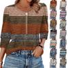 Women's Casual Loose Fit Round Neck Three Quarter Sleeve Top Button Detail Lightweight Soft Fabric Striped Pattern Fashion Blouse