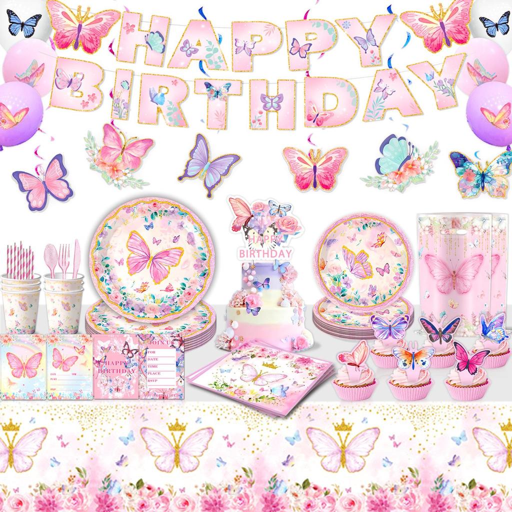 Butterfly Party Tableware Set: Plates, Napkins, Tablecloth for New Year, Spring, and Birthday Celebrations.