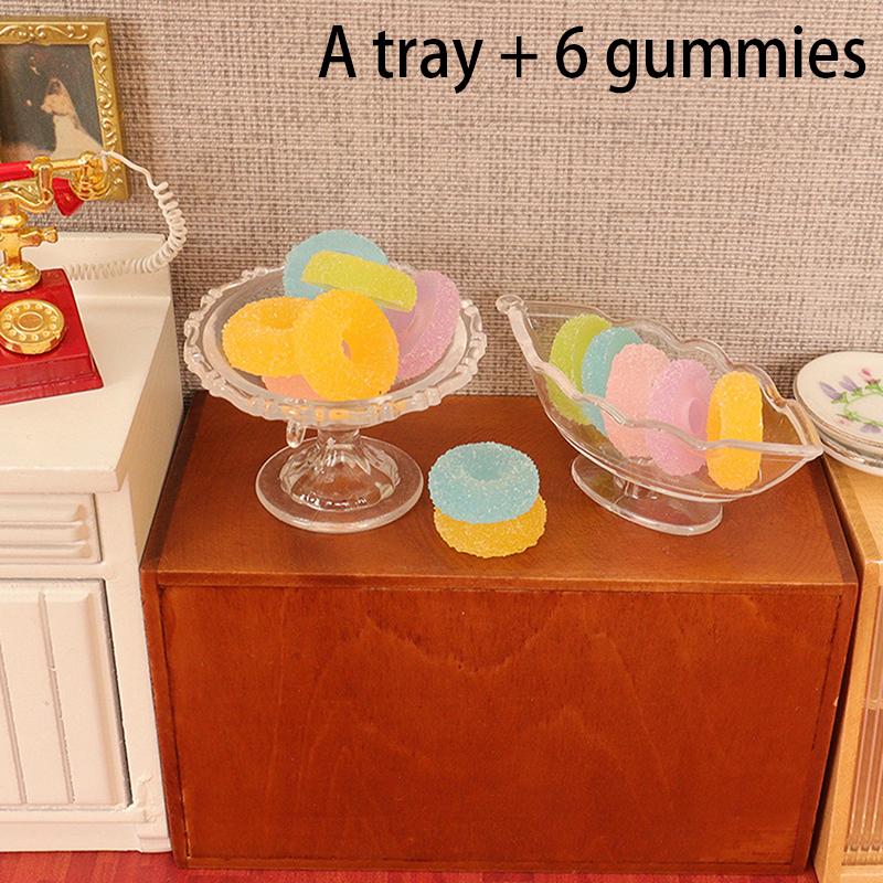 Colorful Candy Gummies 1/12 Scale Dollhouse Miniature Jelly Drops Candy With Storage Plate For Bjd Doll House Play Kitchen Toy