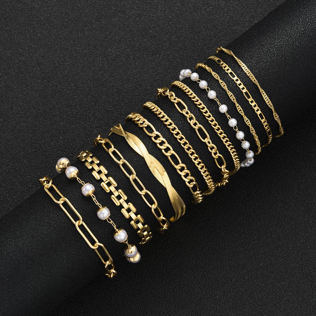 13pcs Fashion Geometric Pearl Bracelet Set for Women Simple Boho Gold Color Twist Smooth Chain Design Bracelets Elegant Jewelry