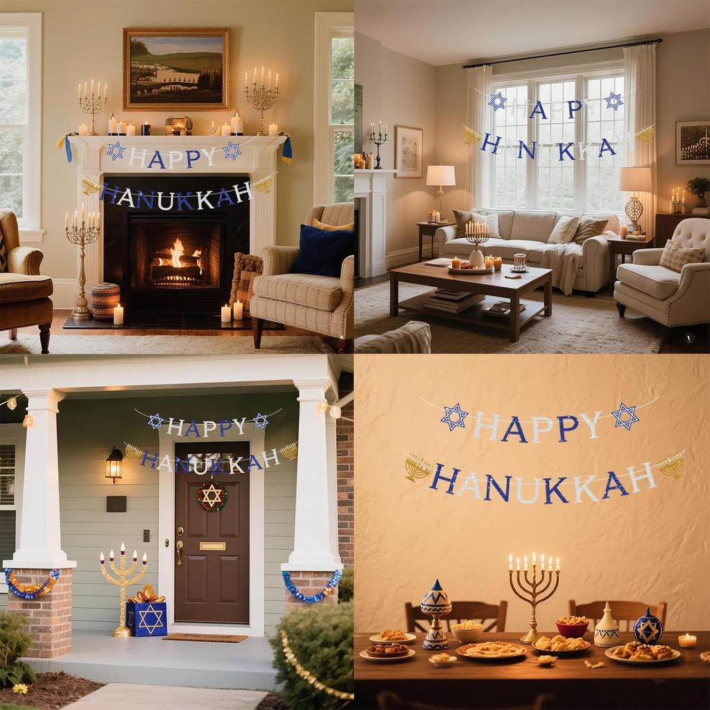 Hanukkah Decorations for Home, Pre-Strung Happy Hanukkah Banner, Glitter Chanukah Party Favors with Candelabrum Hexagram for Chanukah Decor Winter