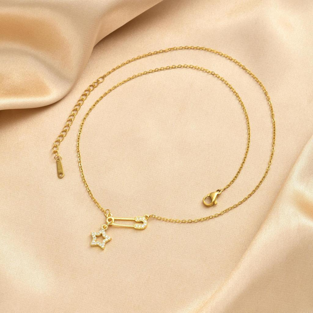 Safety Pin Necklace Pave CZ Star Moon Sun Charms Pendant Jewelry for Women