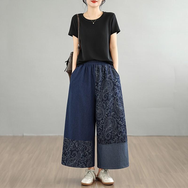 Plus Size Vintage Floral Patchwork High Waist Casual Loose Women Spring Summer Jeans Denim Wide Leg Pants