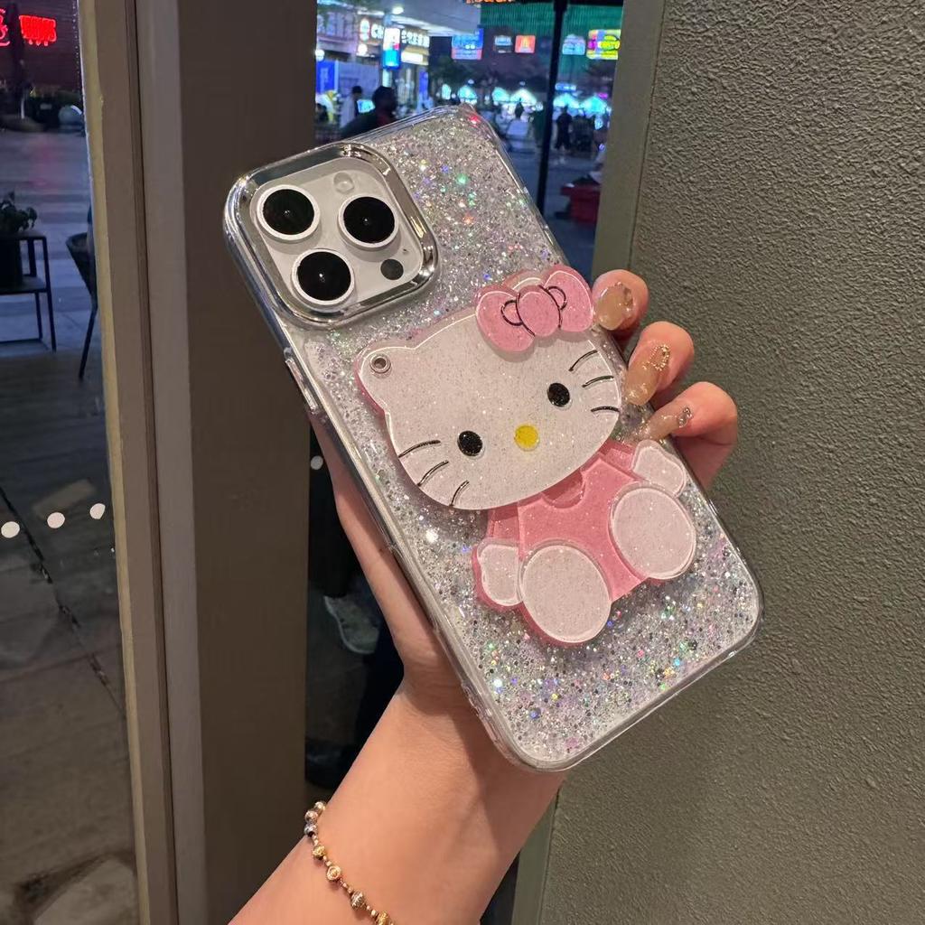 KT makeup mirror is suitable for Apple 15 mobile phone case, transparent glitter, Epoxy 16promax luxury 14 electroplated silver frame.