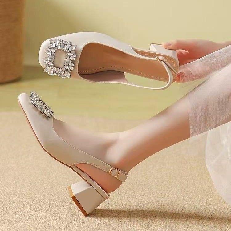 Skinny back empty sandals summer middle heel outer wear spring and summer Korean thick heel half drag single shoes high heels