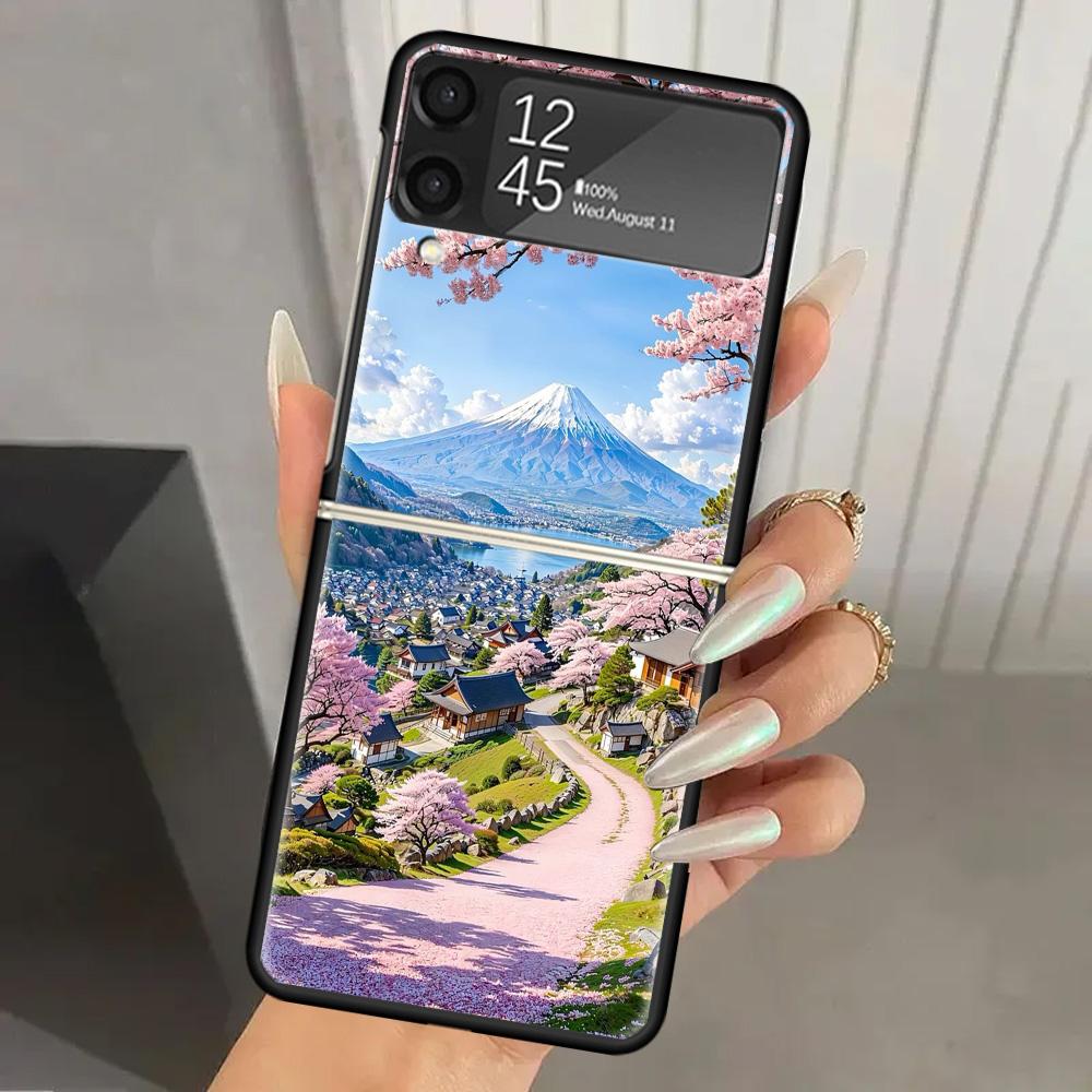 Japanese Cherry Mount Fuji Hard PC Phone Case For Samsung Galaxy Z Flip 7 6 5 4 3 Black ZFlip7 ZFlip6 Flip5 Flip4 Flip3 5G Print