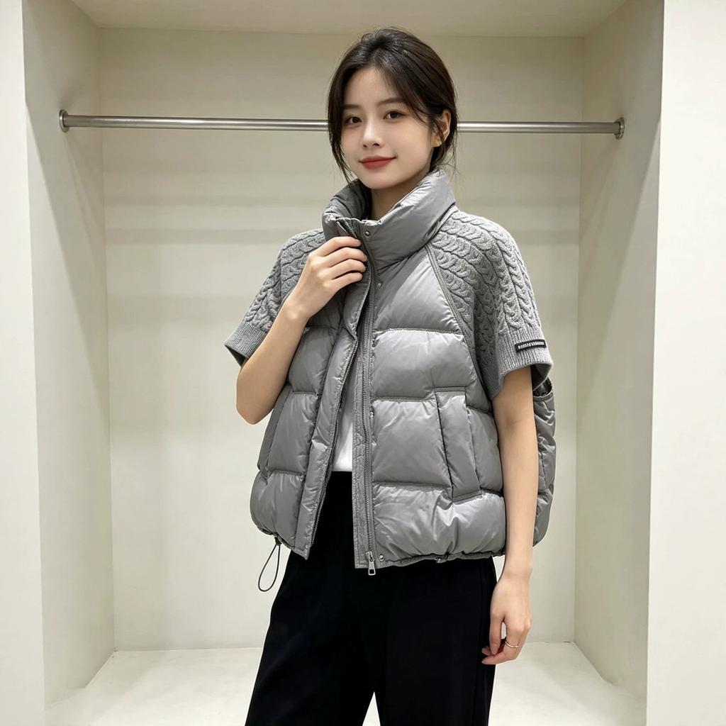 New knitted splicing down cotton vest women's short stand-up collar thickened versatile vest loose and thin jacket