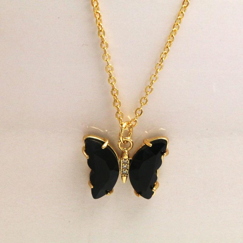 Koreanskt flerfärgat kristallfjärilshalsband - Guldpläterad titanstål nyckelbenskedja för kvinnor