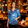 Damen Casual Uniform Top mit Halloween-Print, V-Ausschnitt, Taschen, Seitenschlitz und Dreiviertelärmeln