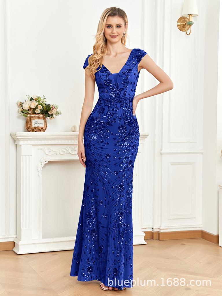 Elegant Blue Sequined Mermaid Evening Gown