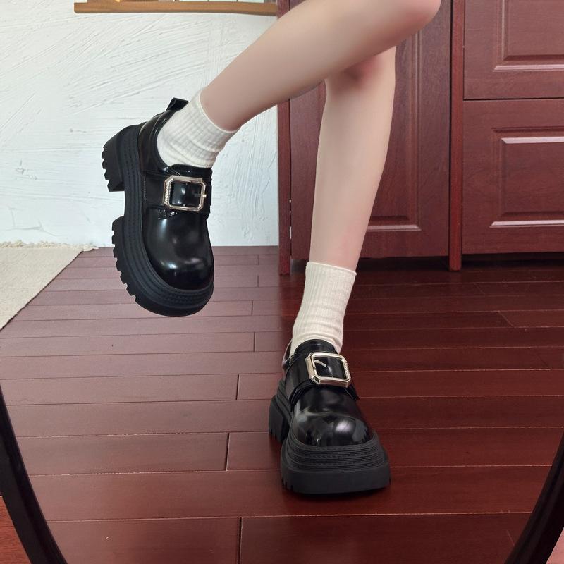 Platform British style square buckle small leather shoes women's versatile retro loafers round head commuter shoes