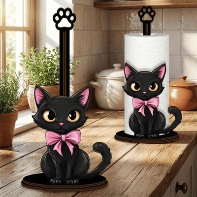 Wooden Base Black Cat Tissue Holder Cute Desktop Decoration Roll Paper Standing Rack Cartoon Food Wrap Storage Rack For Kitchen