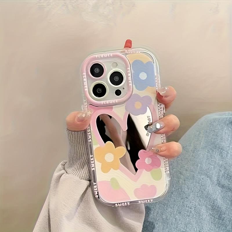 Korean Colors Cute Flower Mirror Phone Case For iPhone 11 13 12 14 15 16 17 Pro Max XS XR 7 8 Plus Lovely Hard Shockproof Cover