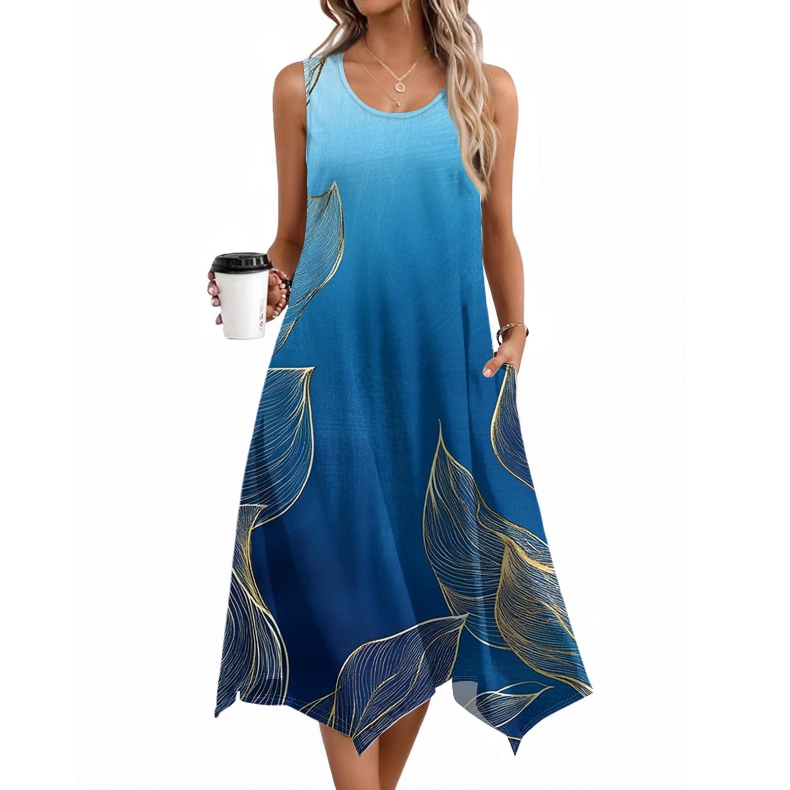 

Women Casual Sleeveless Summer Dresses Spring Crewneck Patchwork Boho Floral Ruffle Cocktail Party Midi Dress L синий