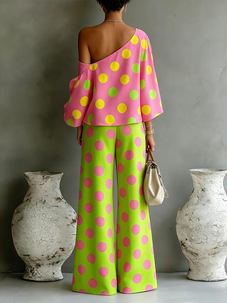 Summer New Colorful Polka Dot Off-Shoulder Flowy Two-Piece Pants Set for Women
