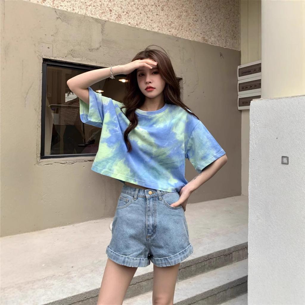 Korean tie-dye round neck short-sleeved T-shirt women's summer new loose casual fashion niche short top tide