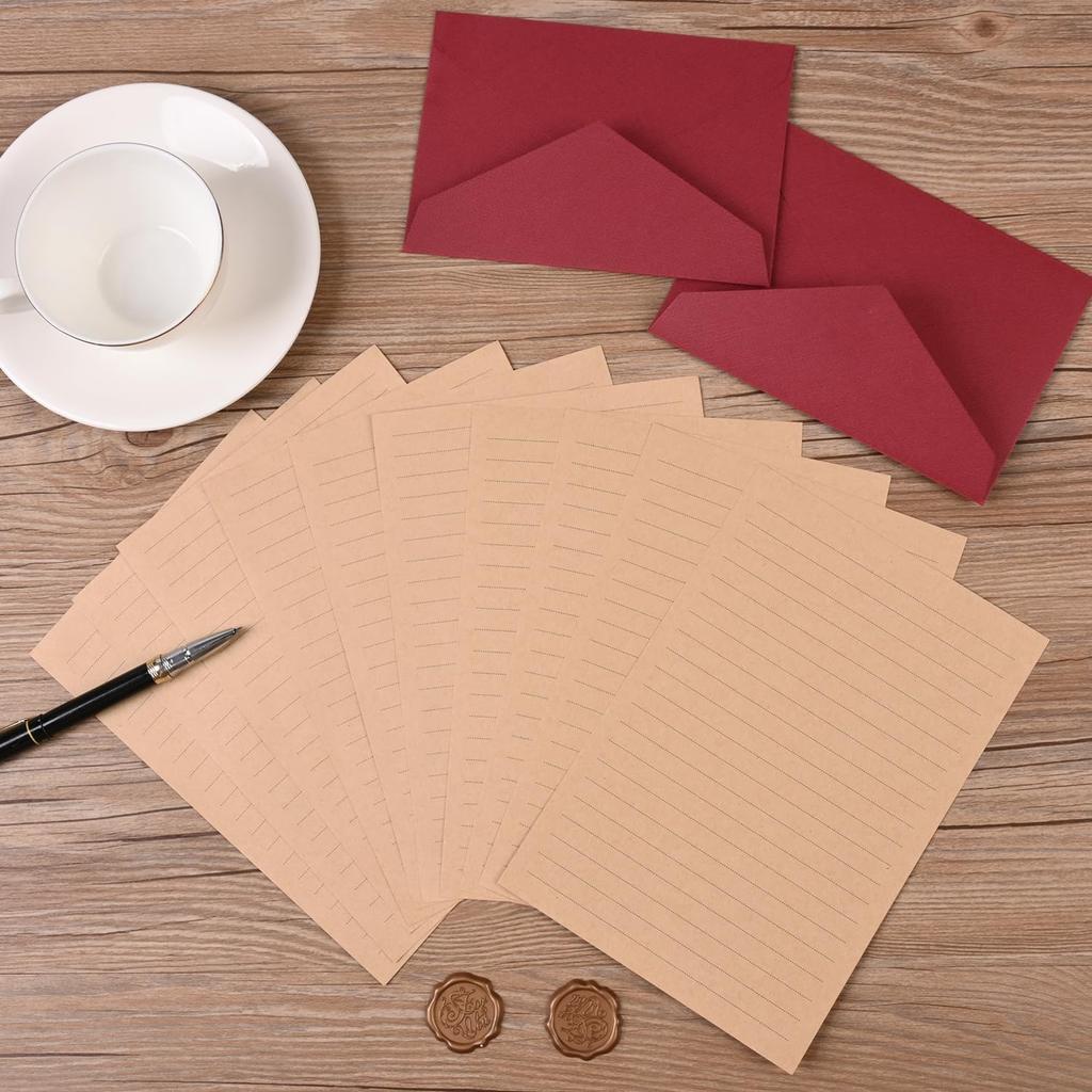 48 Pieces Stationery Set with Envelopes (24 Kraft Paper Sheets + 12 Linen Texture Envelopes+12 Wax Seal Stickers), Stationery Letter Writing Paper