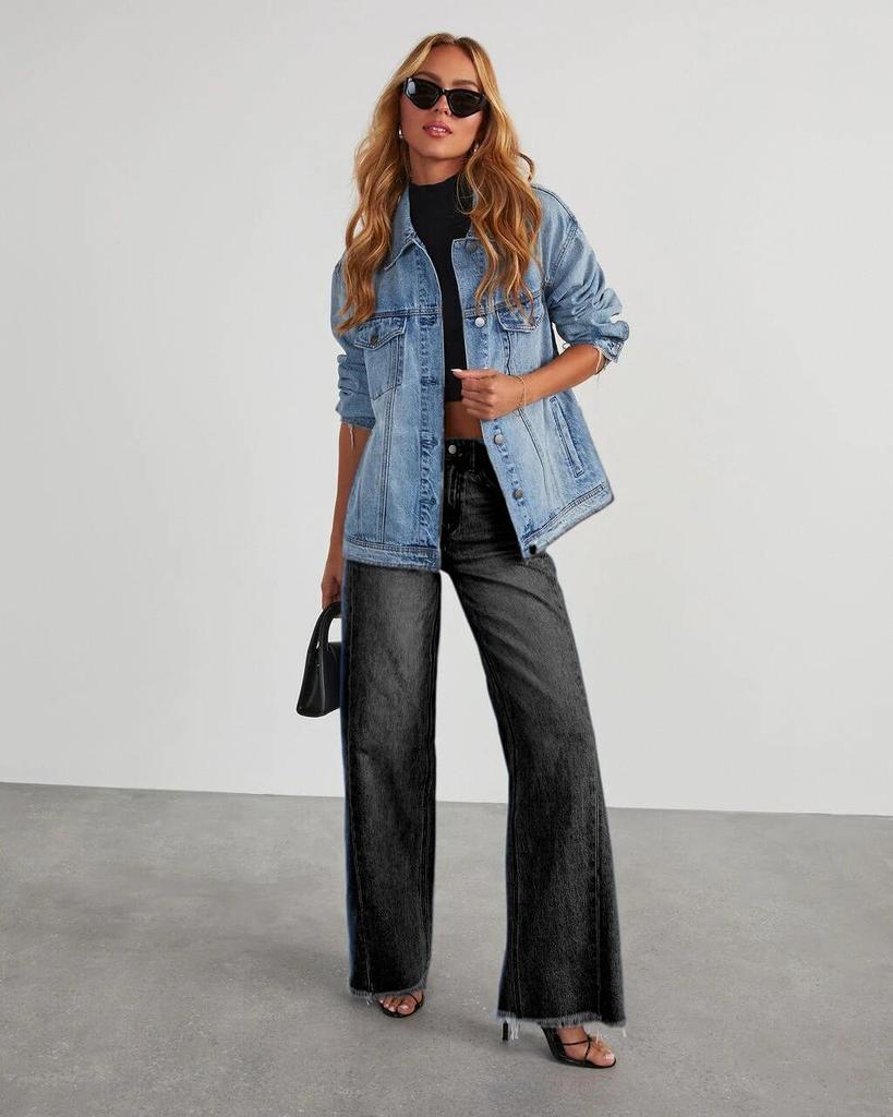 2023 Women's Wide-Leg Patchwork Frayed Hem Jeans