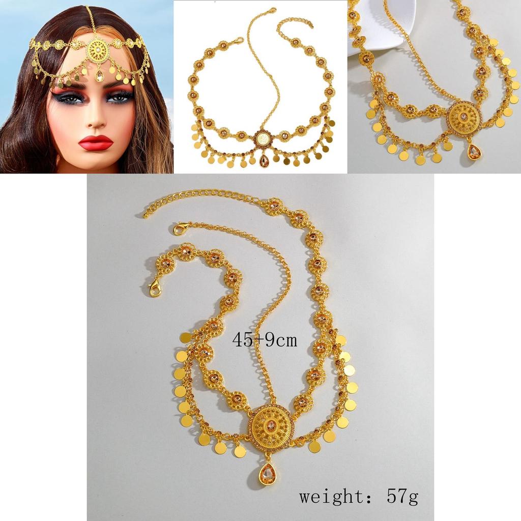 Arab Bridal Headpiece Gold Alloy Crystal Embellished Dangle Head Chain For Wedding And Gift