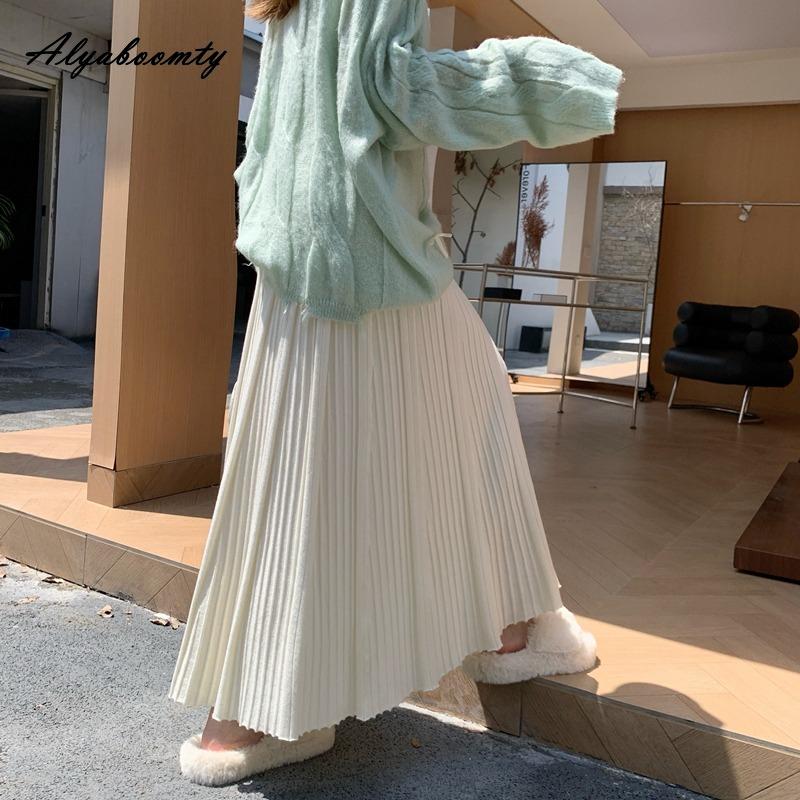 Korejská móda Podzim Zima Dámská plisovaná sukně Elastický pas Béžová Černá Pletená Maxi dlouhá sukně Elegantní Ženská Dámská sukně