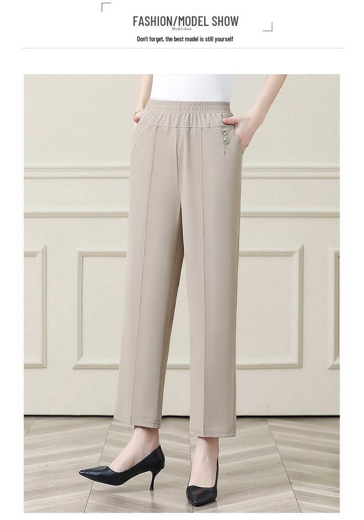 Summer Ice Silk Elastic Waist Pants for Middle-aged Women: Stretchy, Straight-leg Casual Wear for Comfort.