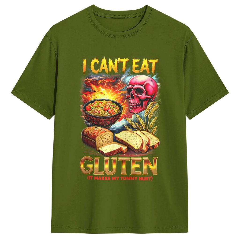 Men's T-Shirt I Can't Eat Gluten It Makes My Tummy Hurt Breakfast Bread T Shirts Hip Hop Summer Tees Funny Casual Cotton Tops