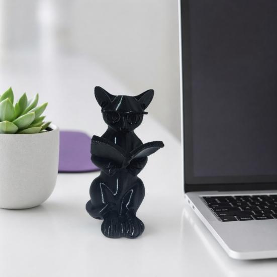 Cat Desk Decoration 3D Printed Reading Statue, Holding Book Glasses Figurine, Artistic Ornament Modern Decorative Animal Sculpture for Home