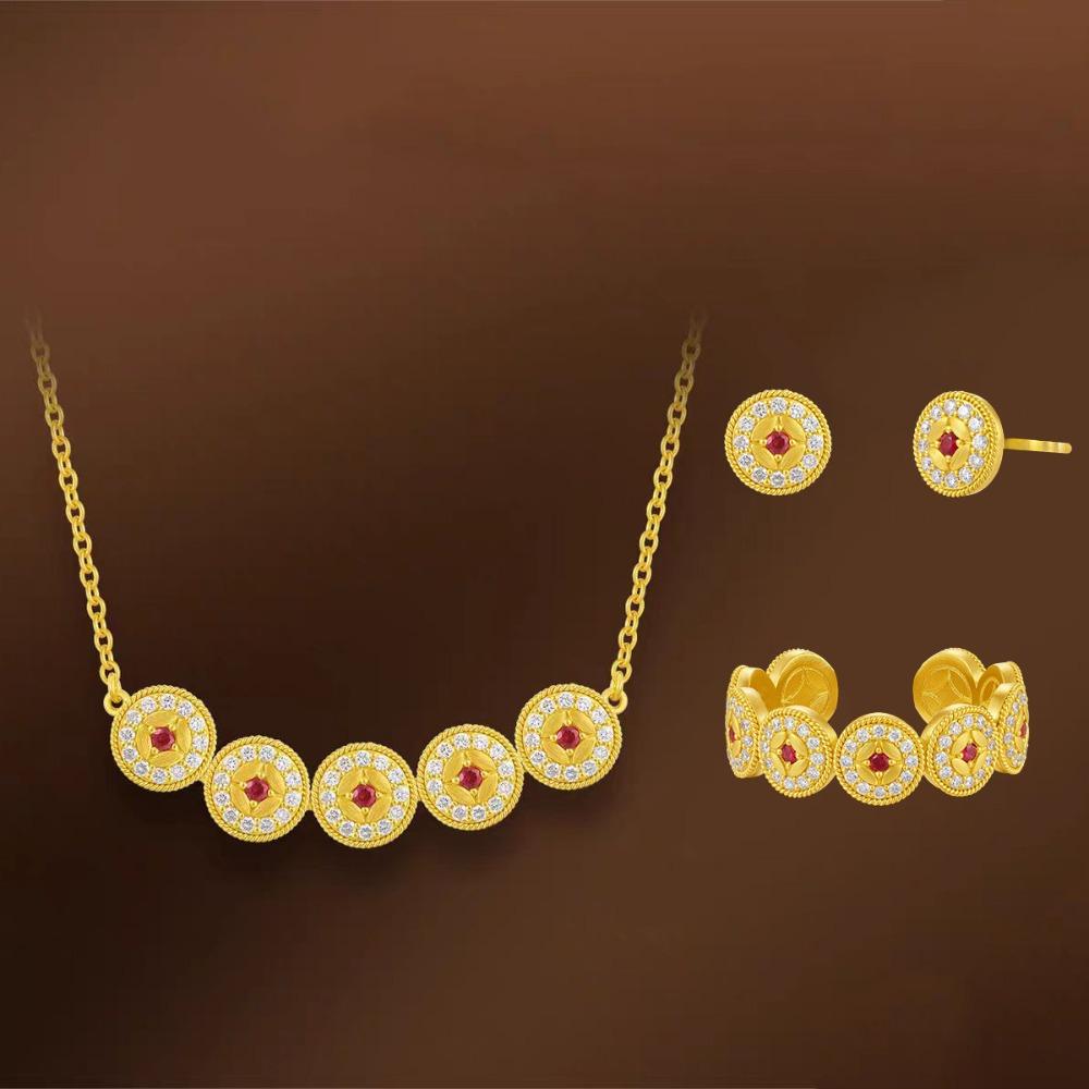 

Women Jewelry Set Gold Plated Ring Diamond Red Ruby Pendant Necklace Coin Earrings Lucky Wealth