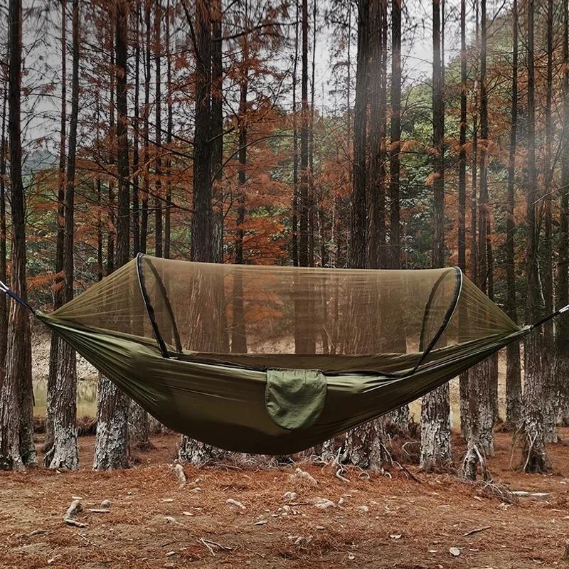 1PC Camping Hammock withMosquito Net 260x140cm Automatic Quick-opening Anti-rollover Nylon Hammock Chair Outdoor Hanging Bed Net