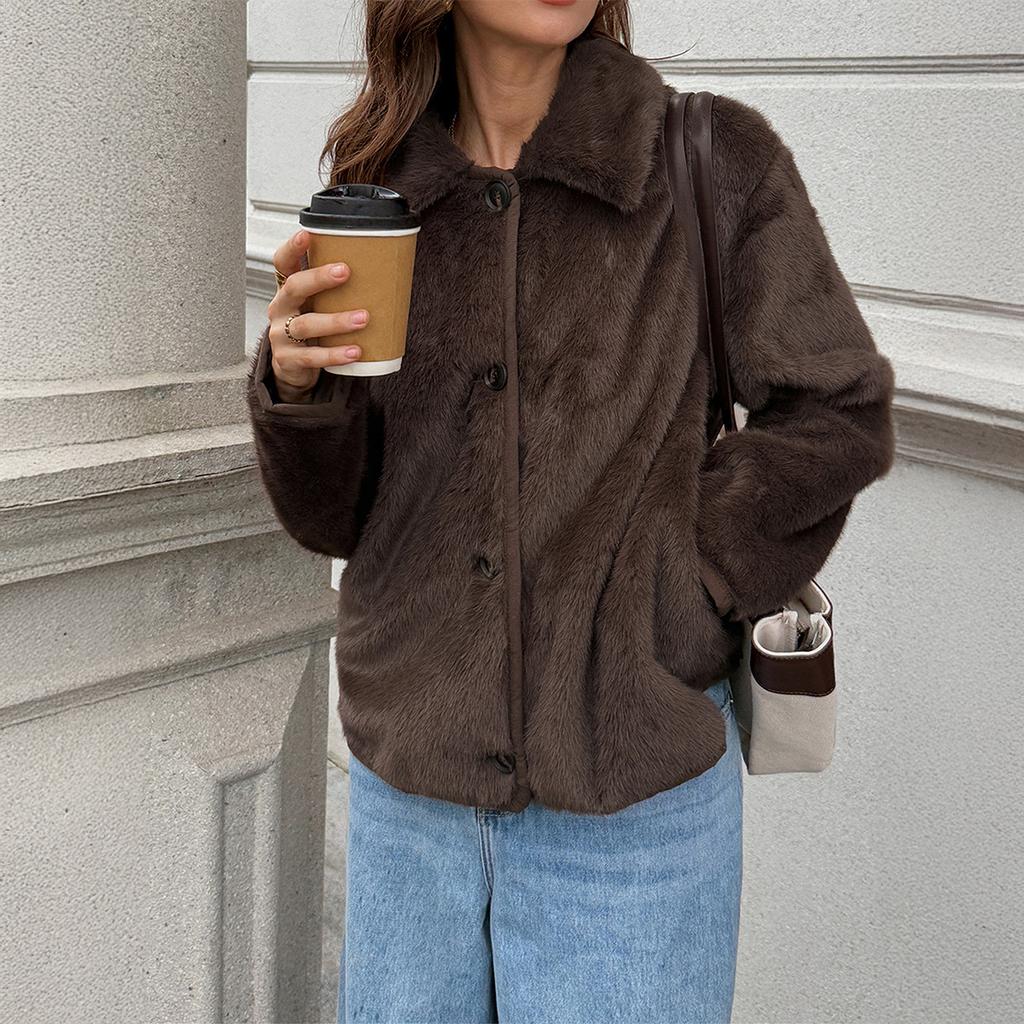 Elegant Plush Button Long Sleeve Coat Jacket Women 2025 Autumn Winter