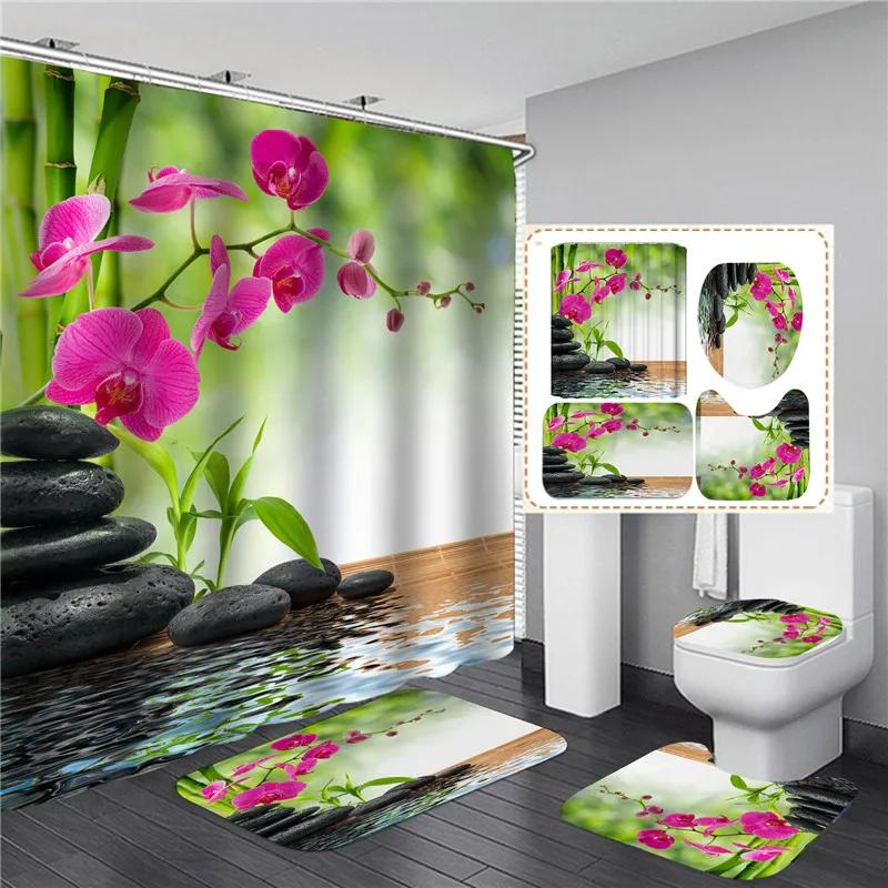 Full Set Bathroom Shower Curtain Set And Rugs Waterproof Fabric Furniture Accessory Zen Flow Water Bamboo For Bath Decoration