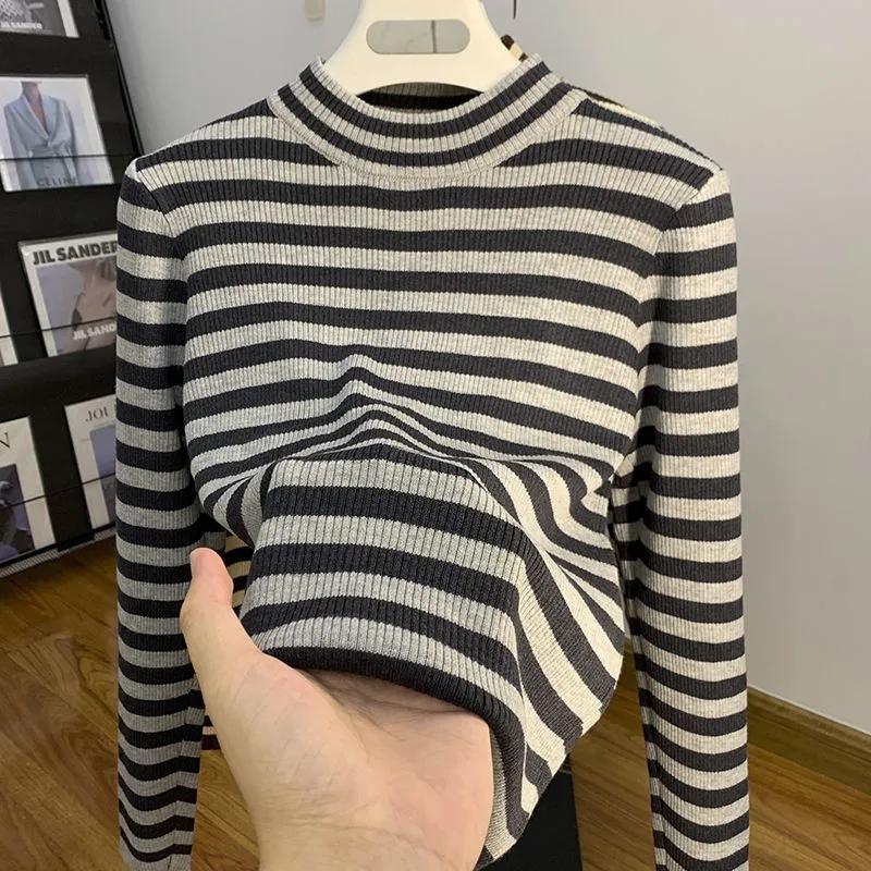Sweater for Women Winter Thickened Pullover Stripes Warm Knitted Stretchy Long Sleeve Oversize Jumper Sweater Tops
