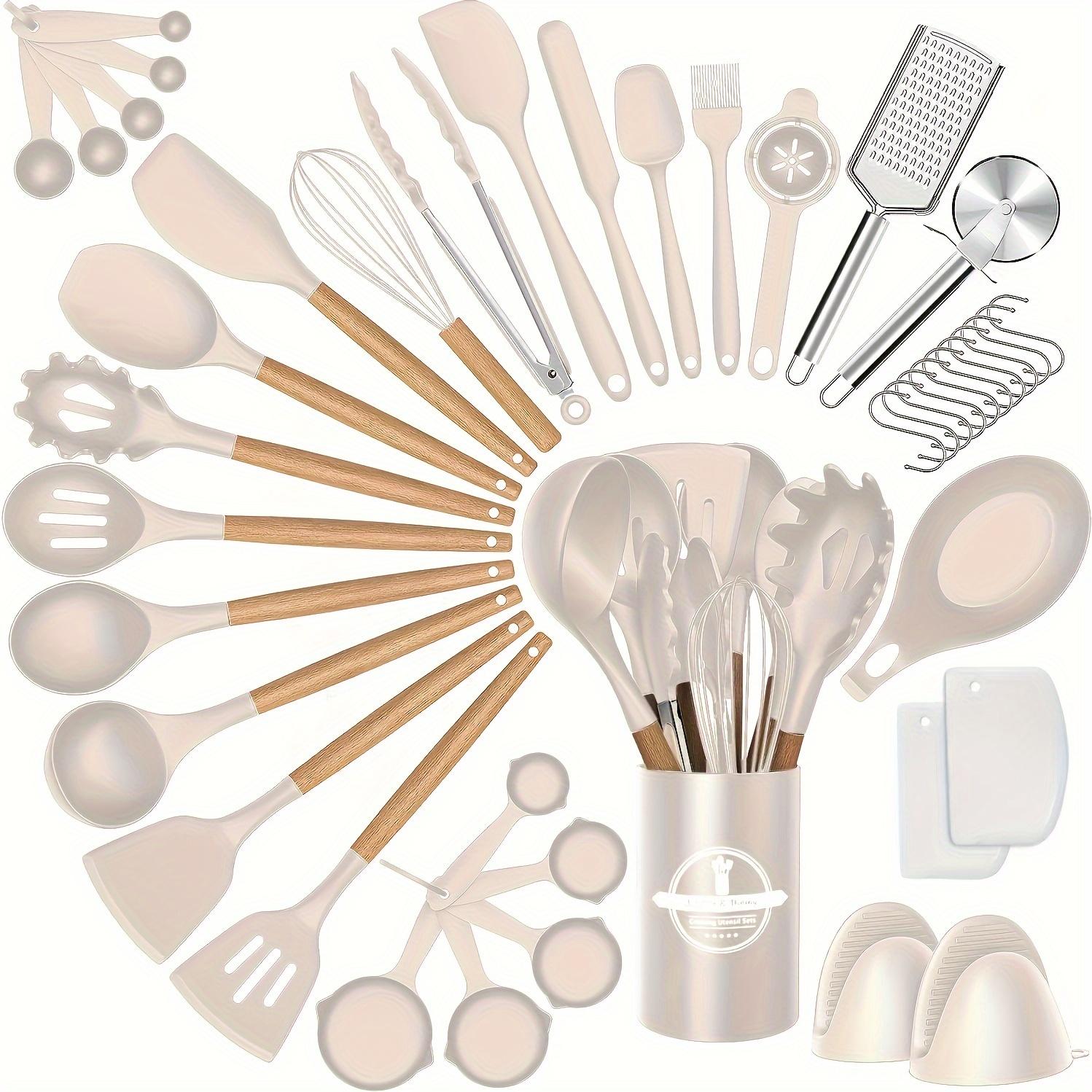 

43 шт./набор, силиконовые кухонные принадлежности, набор антипригарных термостойких кухонных принадлежностей, набор лопаток с деревянной ручкой для выпечки, кулинария, лучшие кухонные принадлежности бежевый