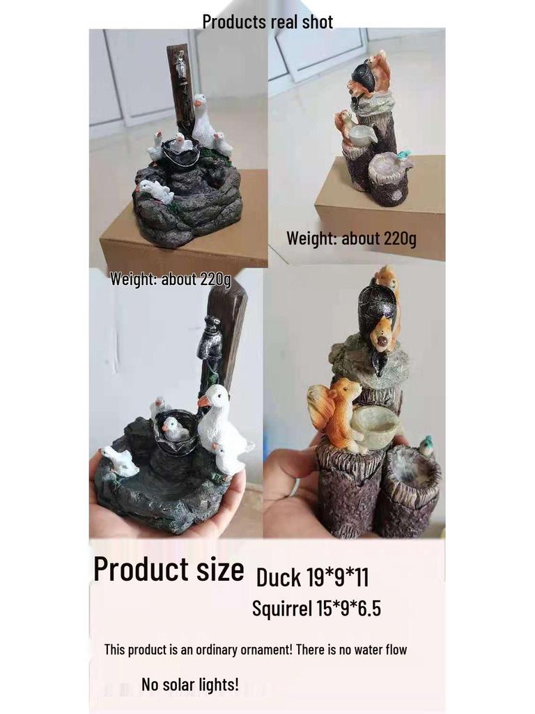 Resin Duck & Squirrel Solar Garden Water Feature Statue