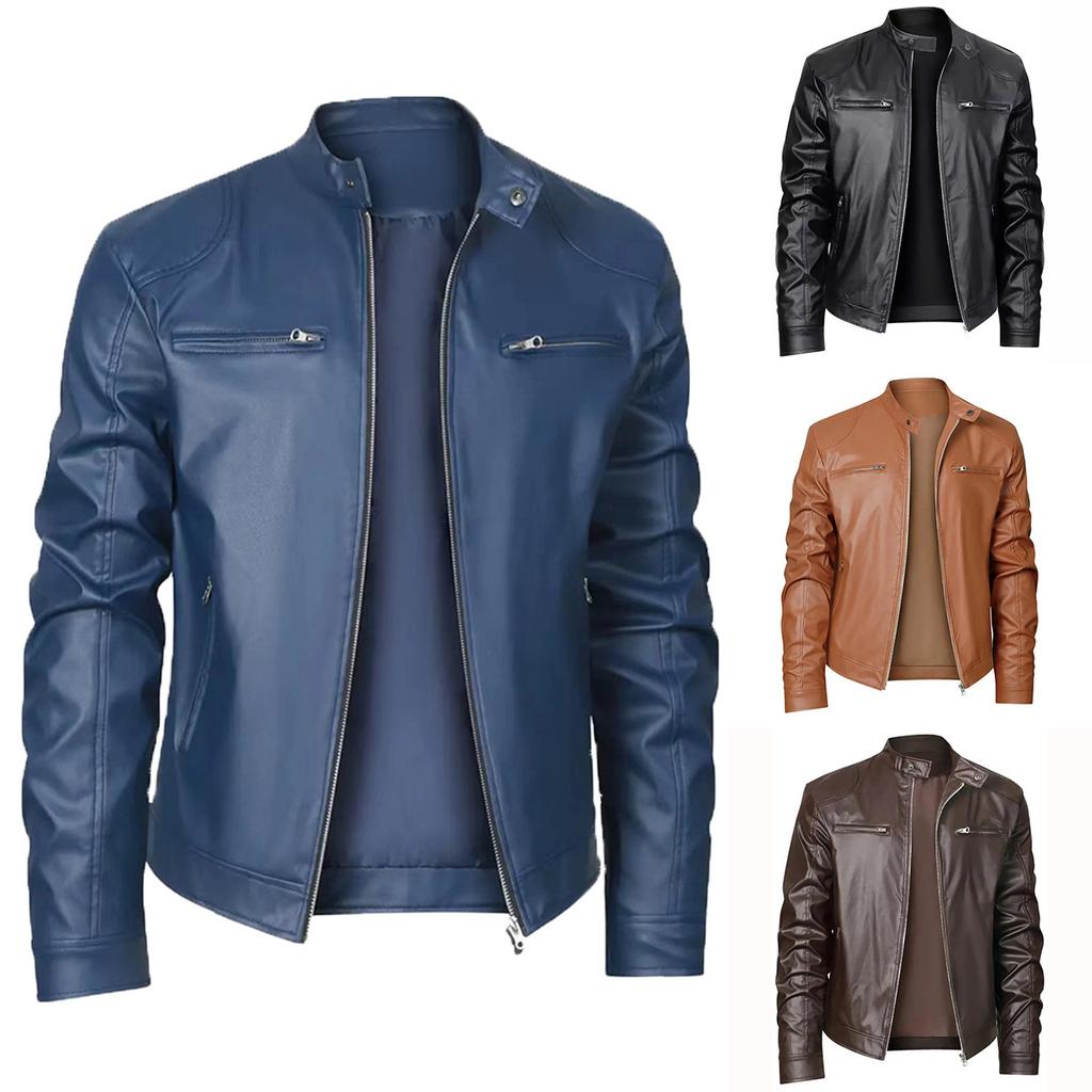 High quality men's stand-up collar slim-fit leather jacket zip-up pocket trim leather jacket locomotive men's leather jacket