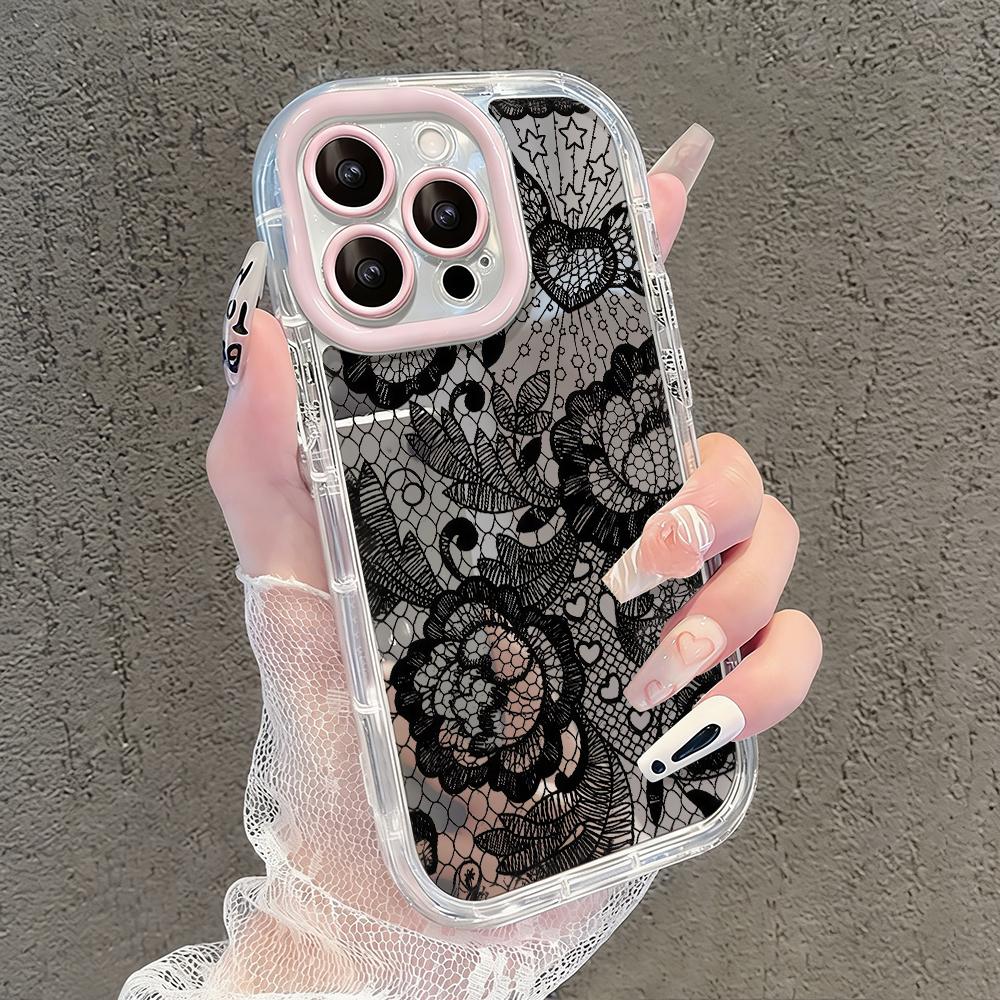 Lace Sexy Black Pattern Mirror Phone Case For iPhone 17 Air 16 Pro Max 17 15 14 13 12 11 7 8 Plus XS XR Protection Back Cover