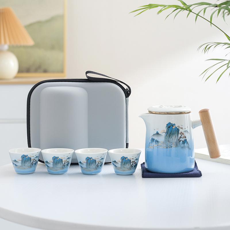 Qianli Jiangshan Ceramic Portable Travel Tea Set Portable Outdoor Express One Pot Four Cups Brewing Teapot Guochao Gifts