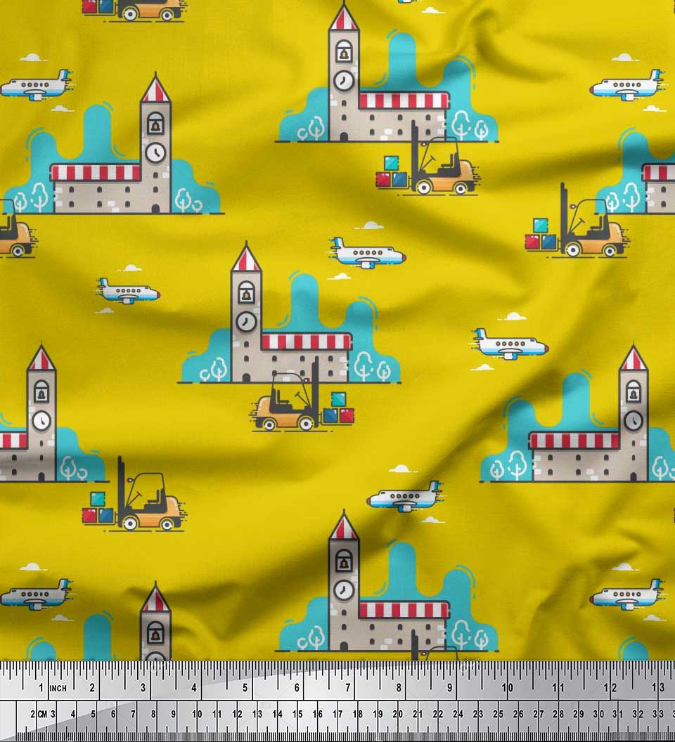 

Soimoi Beige Japan Crepe Satin Clock Tower, Airplane & Forklift Truck Transport Print Тканина на метр 42 дюйма 42 Inch Wide - Poly Crepe жовтий