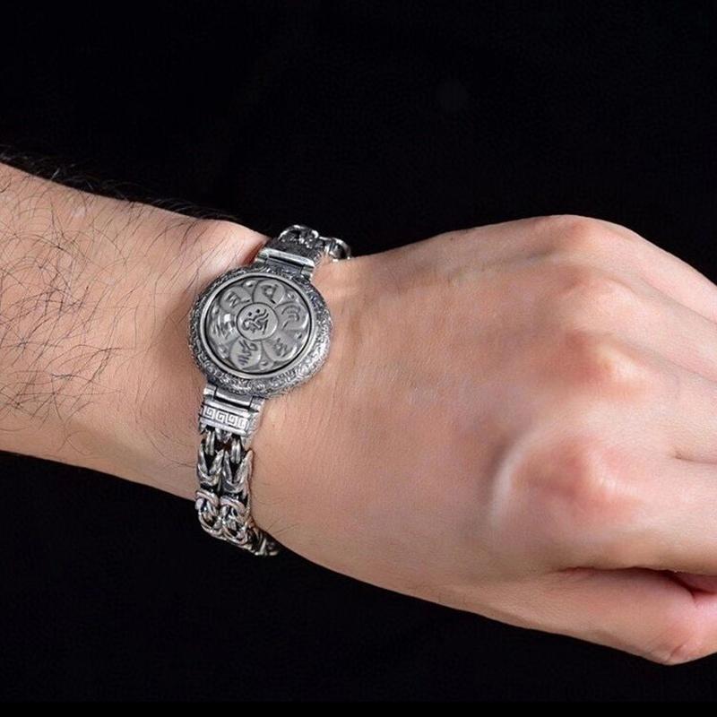 RetroSen New Silver Men's Vintage Peace Pattern Six-character Mantra Personality Rotatable Auspicious Clouds Turntable Bracelet