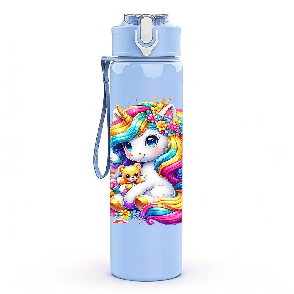 1PC Rainbow Mane Unicorn Cartoon Print 750ml Color Plastic Sports Water Bottle Leakproof Flip Straw Lid Suitable for Sports Office Home Use