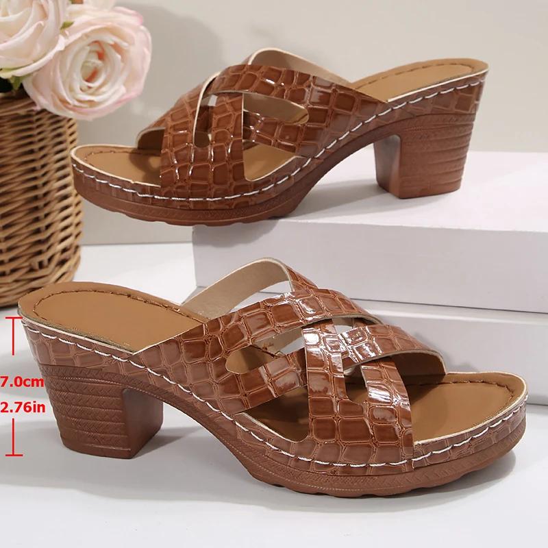 

Fashion Summer Women s Thick High Heels Sandals 2025 Cross Straps High Heeled Slippers Woman Lightweight Plus Size 36-43 Beach Sandles 43 кофейный