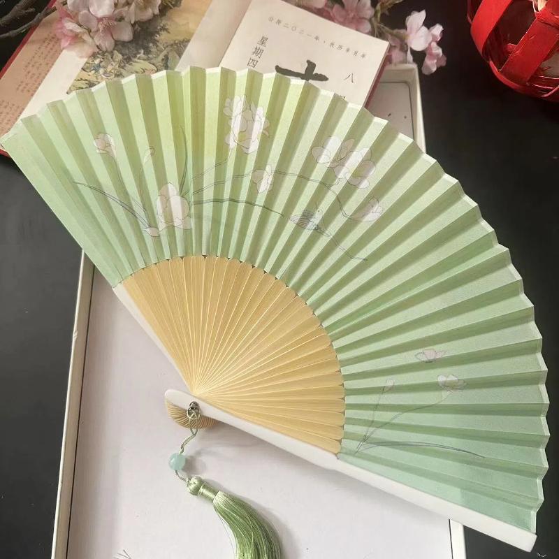 Ancient Chinese Style Small Dance Fan Summer Portable Hanfu Cheongsam Hand Held Fan Green Bamboo Ribs Single-Sided Folding Fan
