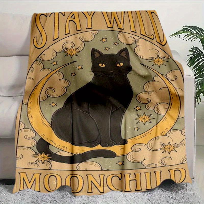Moonchild Polyester Flannel Knit Throw Blanket - Abstract Whimsical Cat Design, All-Season Cozy Sofa & Bed Cover, Contemporary S