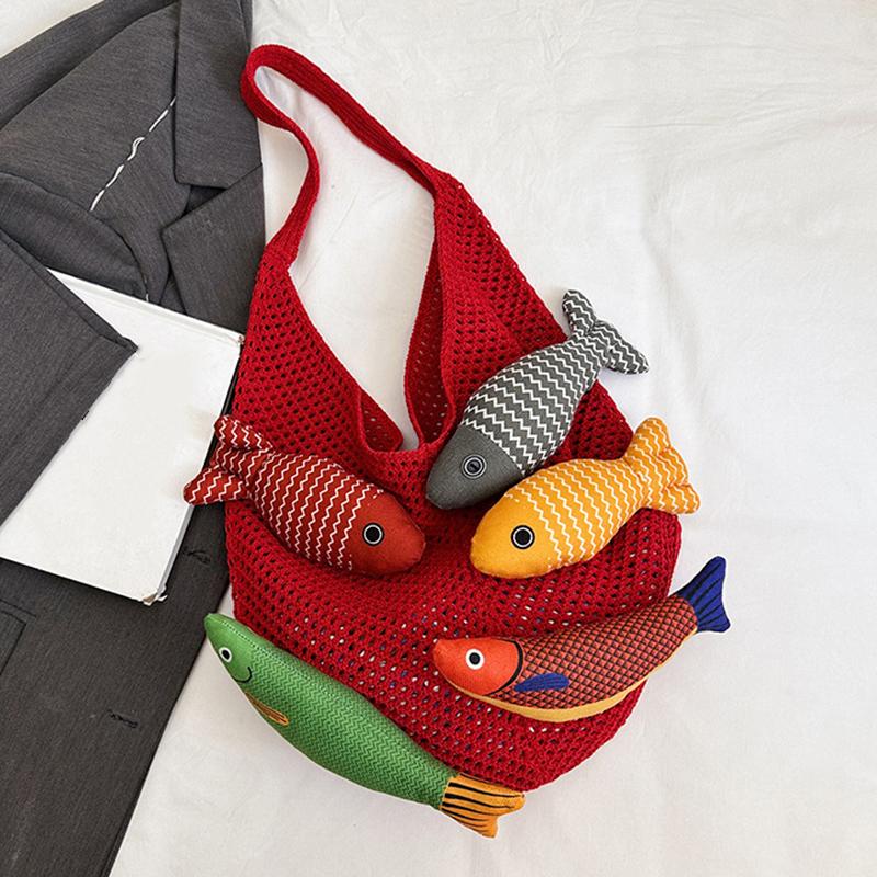 

Crochet Shoulder Bag Stylish Knitted Tote Bag Fish Doll Handbag Washable Crochet Travel Bag For Shopping Boho Fashion 40x2x26cm червоний