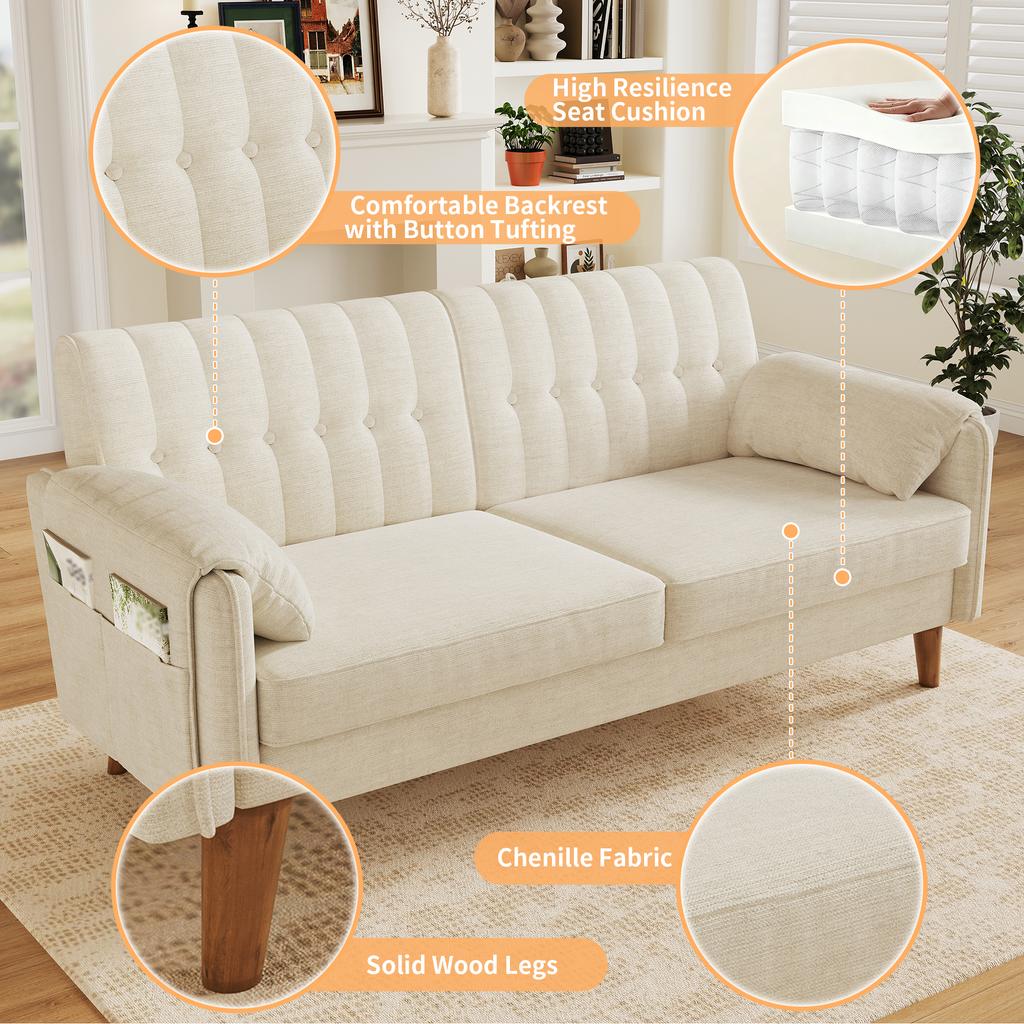Modern 2-Seater Sofa In Chenille with Thick Seat Cushion, Tufted Backrest, 2 Armrest Cushions, Side Pockets; Solid Wood Legs, Easy To Assemble, Beige