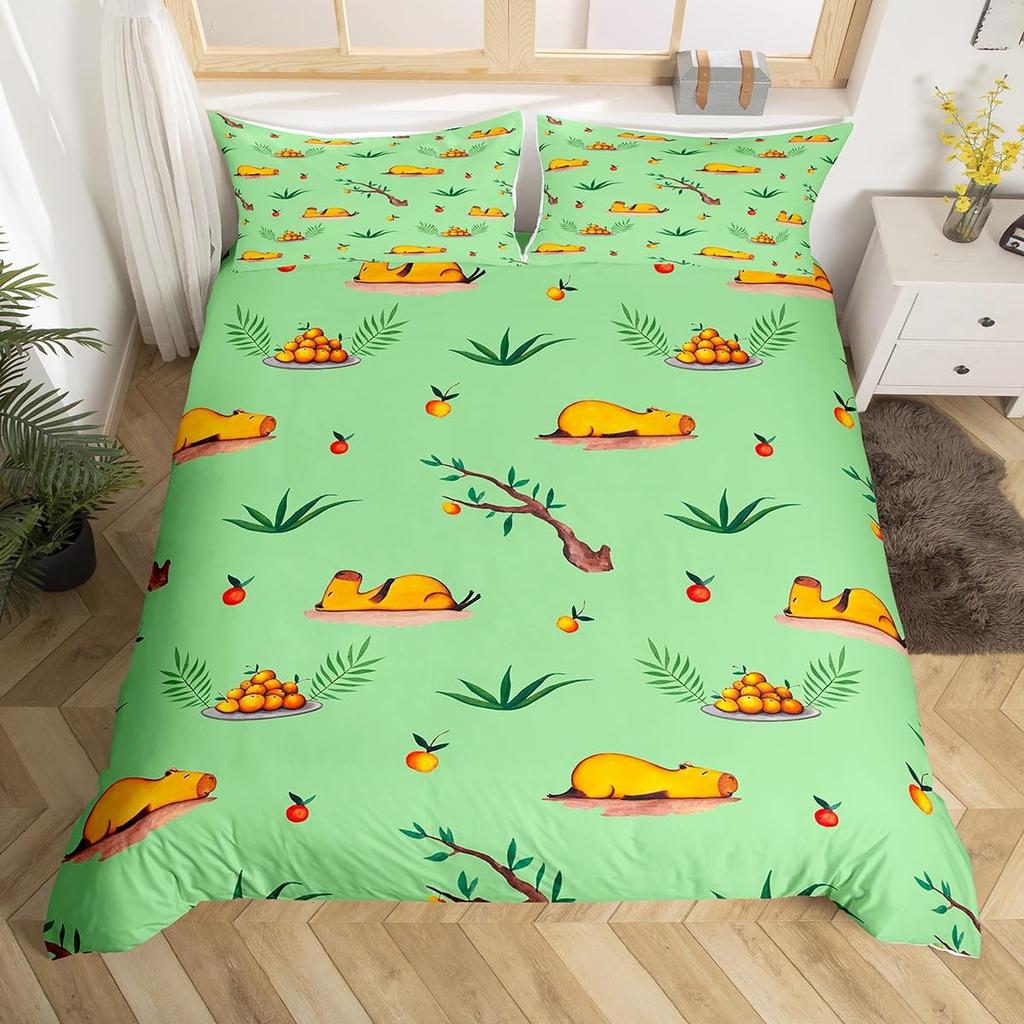 Cute Capybara Print Bedding Sets Full Kawaii Honey Bee Comforter Cover,Cartoon Animals Bed Set Red Love Heart Print Duvet Cover